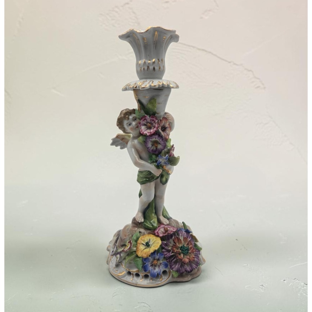Von Schierholz Putti Cherub Floral Tapered Candlestick Holder Germany 9.25"